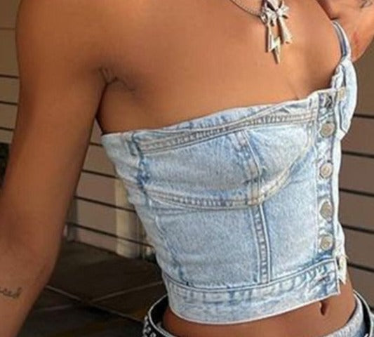 Chic Grunge Backless Denim Strapless Corset Tube Crop top