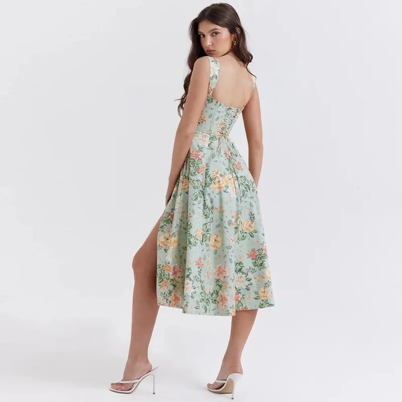 Summer Sweetheart Green Lace Up Floral Print dress