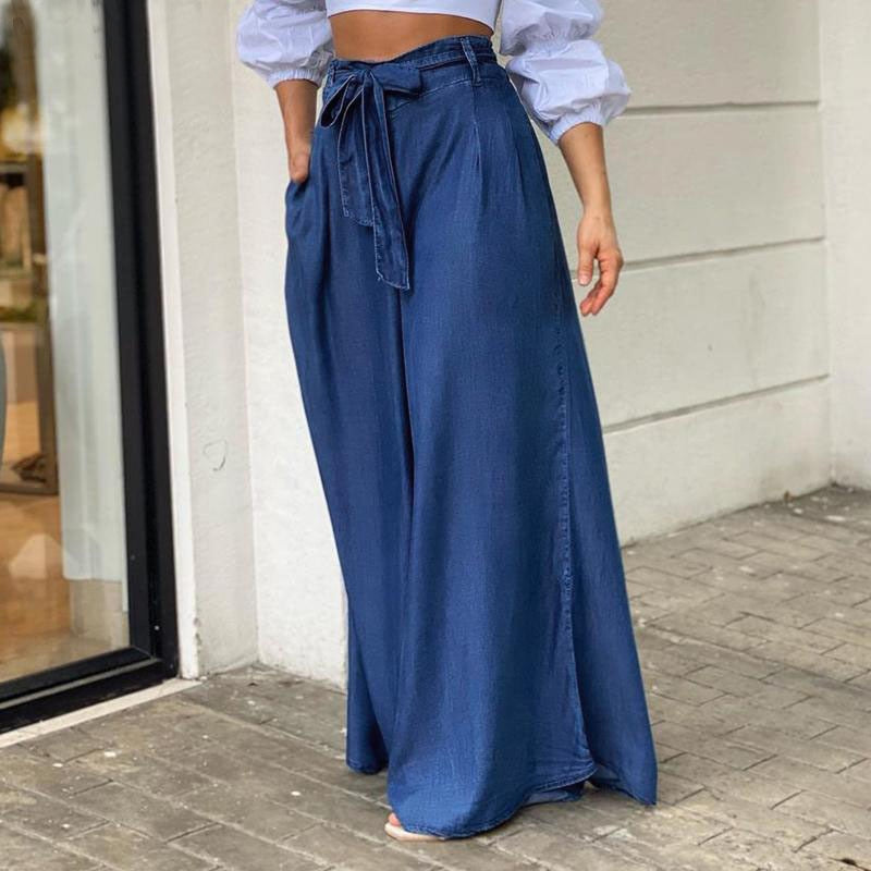 Chic French Chambray Summer Lace-up High Waist Wide-leg trousers