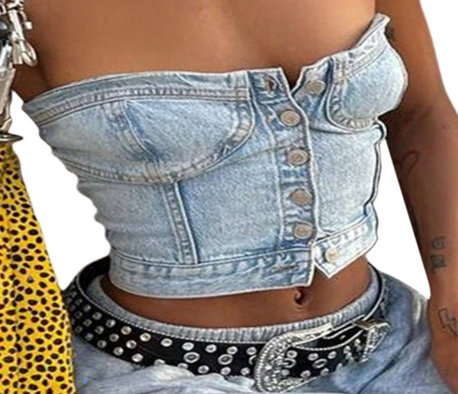 Chic Grunge Backless Denim Strapless Corset Tube Crop top