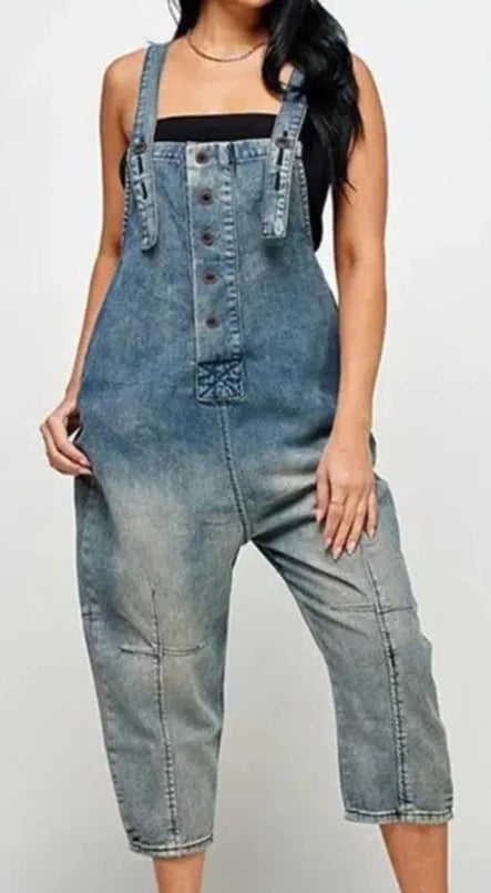 Boho Denim Pocket Button Suspender overalls