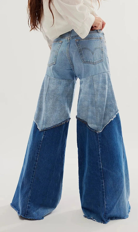 Chic High Waisted Denim Patchwork Wide Pocket Leg jeans