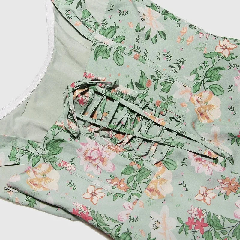 Summer Sweetheart Green Lace Up Floral Print dress