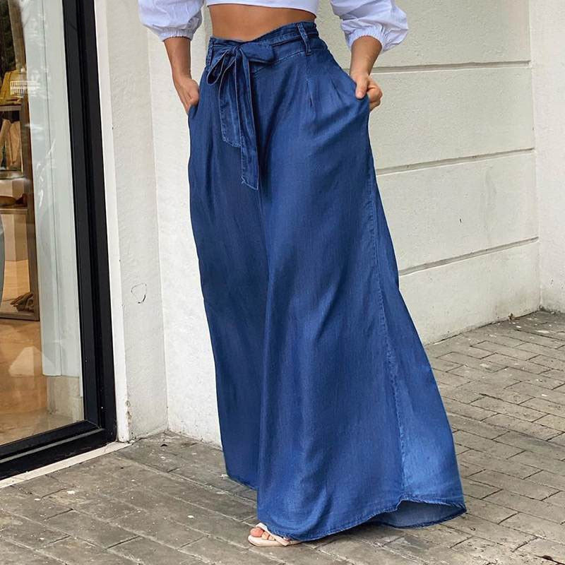 Chic French Chambray Summer Lace-up High Waist Wide-leg trousers