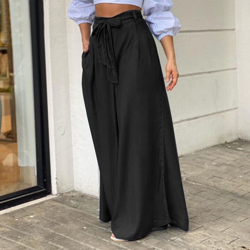 Chic French Chambray Summer Lace-up High Waist Wide-leg trousers