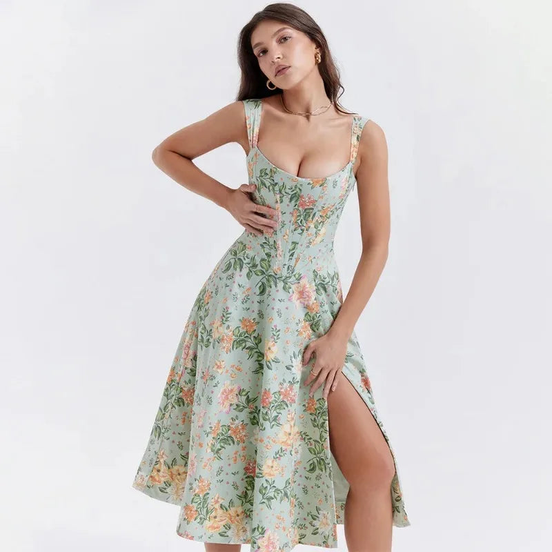 Summer Sweetheart Green Lace Up Floral Print dress