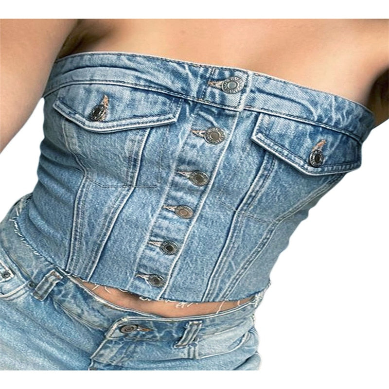 Chic Grunge Backless Denim Strapless Corset Tube Crop top