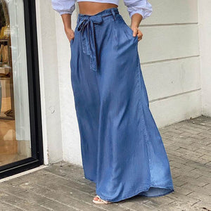 Chic French Chambray Summer Lace-up High Waist Wide-leg trousers