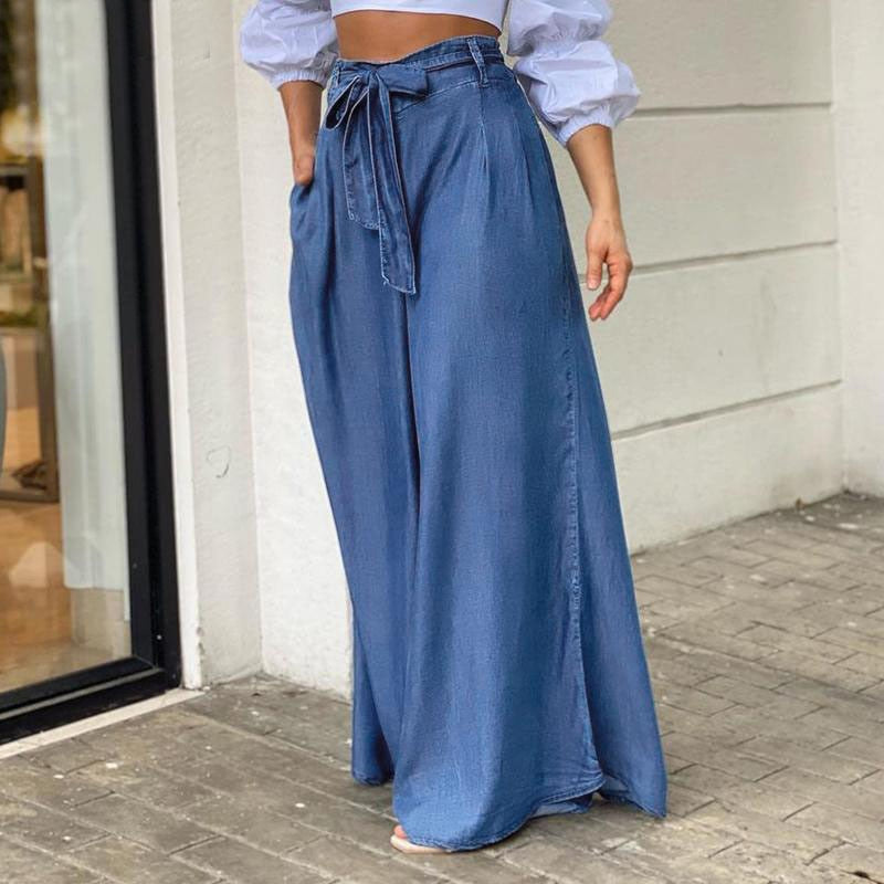 Chic French Chambray Summer Lace-up High Waist Wide-leg trousers