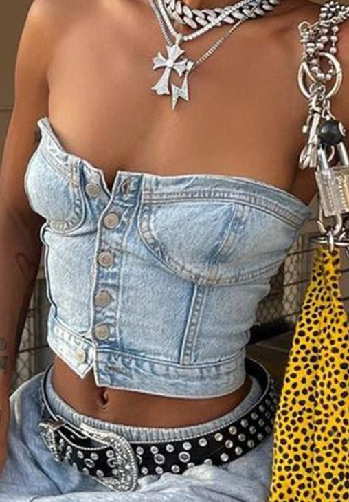 Chic Grunge Backless Denim Strapless Corset Tube Crop top