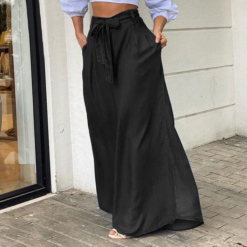 Chic French Chambray Summer Lace-up High Waist Wide-leg trousers