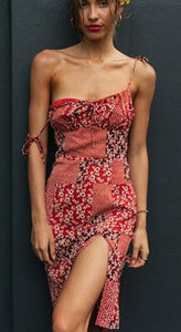 Boho Noir Lace Up Split Red Floral Print Slip dress