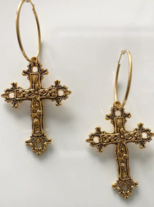 Timeless Protection Like a Prayer Antique Gothic Cross Hoops -
