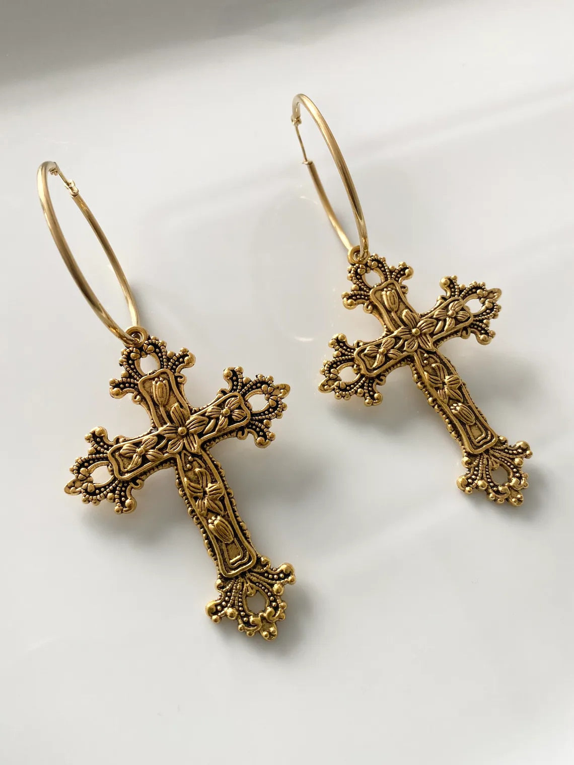 Timeless Protection Like a Prayer Antique Gothic Cross Hoops -