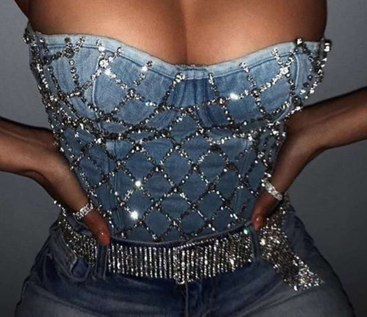 Vintage Boho Scratched Denim Diamond Ripped Push Up bustier