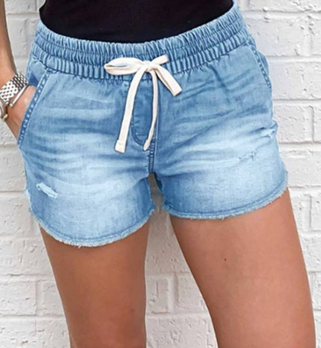 Paris Summer Lace Up Waist Short Ripped Skinny jeans