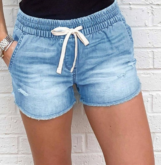 Paris Summer Lace Up Waist Short Ripped Skinny jeans