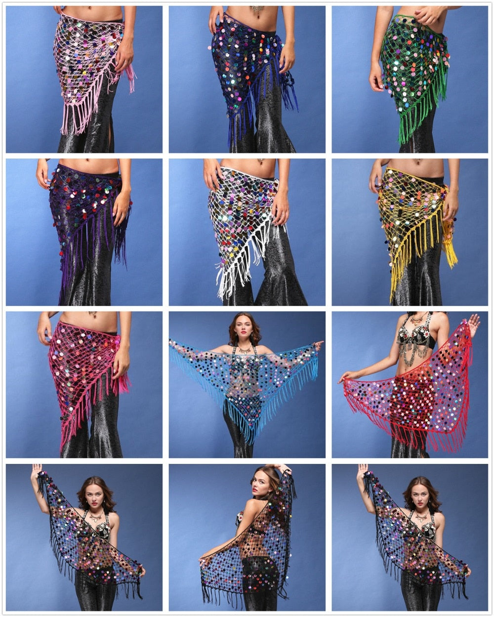 Hippie Chic Long Tassel Stretch Crochet Sequin Belly Dance Hip scarf