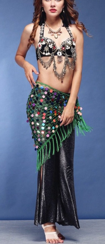 Hippie Chic Long Tassel Stretch Crochet Sequin Belly Dance Hip scarf