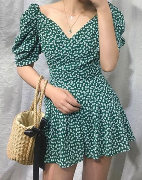 Sweet Grass Green Print Ruffle Garden Party dress