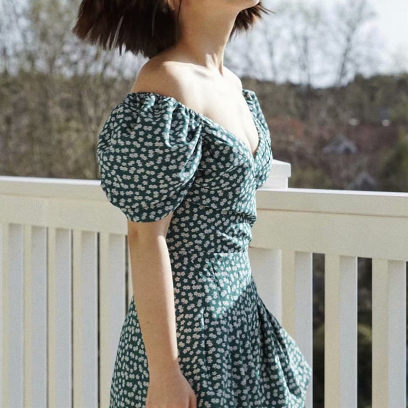 Sweet Grass Green Print Ruffle Garden Party dress