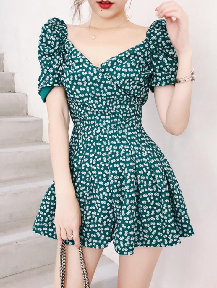 Sweet Grass Green Print Ruffle Garden Party dress