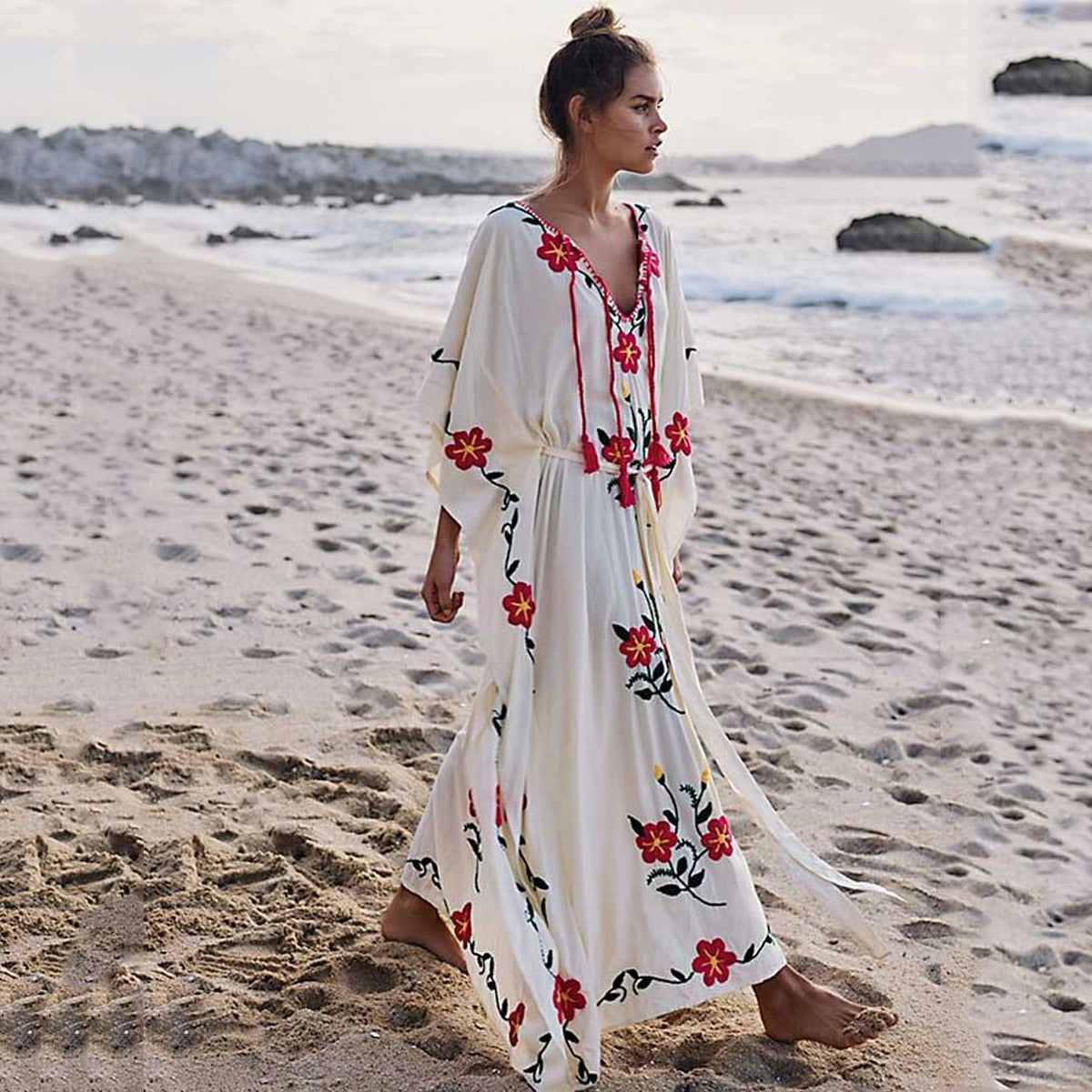 Better in Boho Hippie White Flowing Embroidery dress