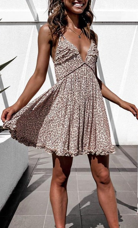 Boho Wild Pinky Floral Print Sleeveless Summer Ruffles minidress