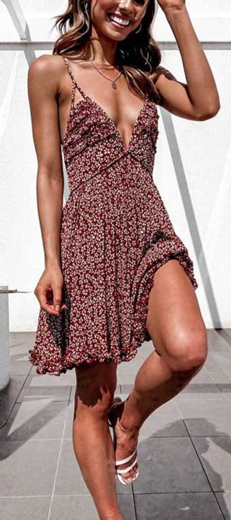 Boho Wild Pinky Floral Print Sleeveless Summer Ruffles minidress