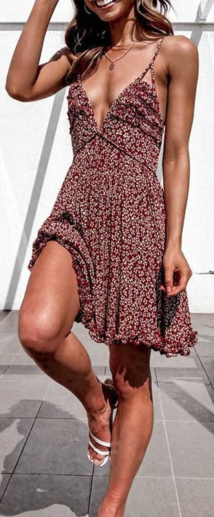 Boho Wild Pinky Floral Print Sleeveless Summer Ruffles minidress