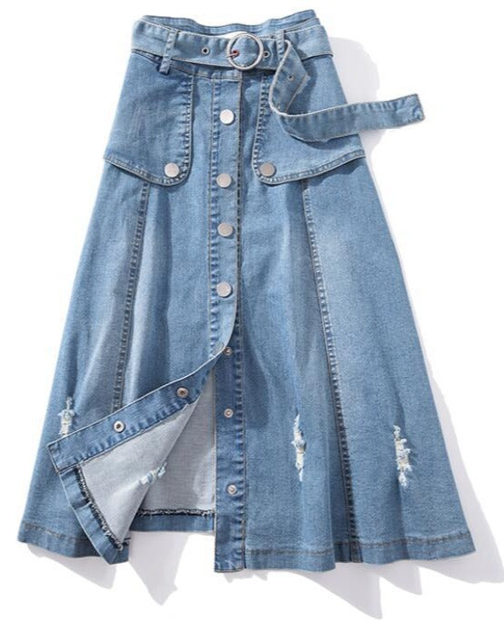 Soho Superwoman Summer Blue Denim Long Split skirt