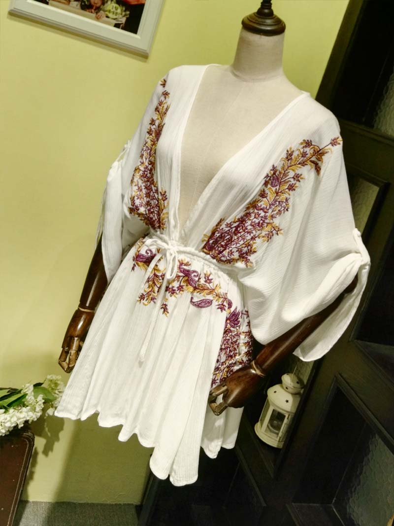 Boho Embroidered Cotton Drawstring High & Wasted Mini dress