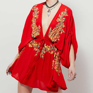 Boho Embroidered Cotton Drawstring High & Wasted Mini dress
