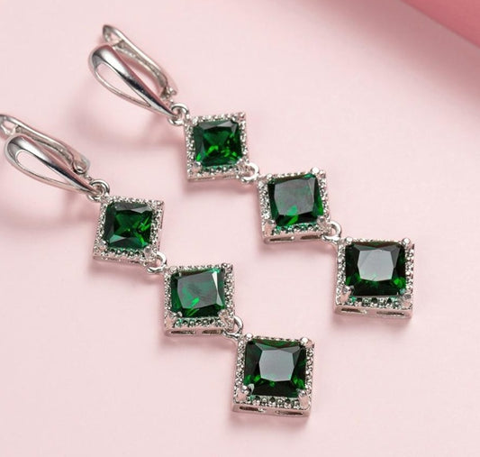 Emerald Boho Long Silver studs