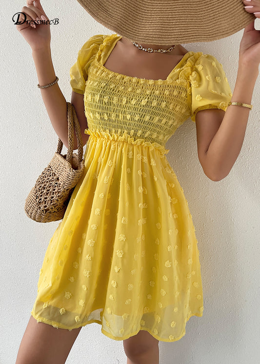 Vintage Egg Yolk Yellow Chiffon Puff Loose Ruffle dress