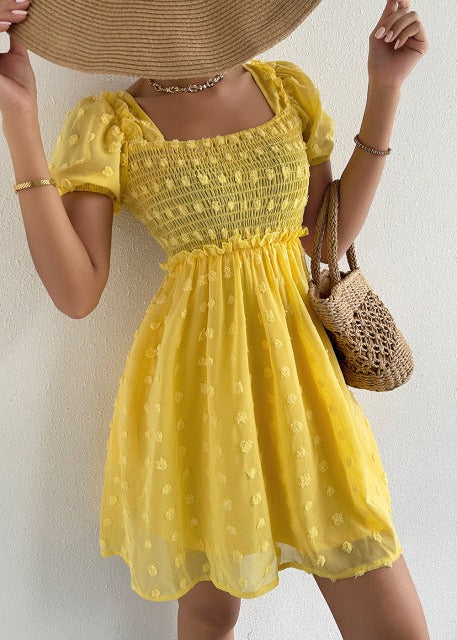 Vintage Egg Yolk Yellow Chiffon Puff Loose Ruffle dress