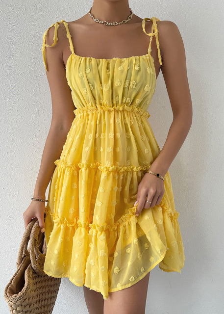 Vintage Egg Yolk Yellow Chiffon Puff Loose Ruffle dress