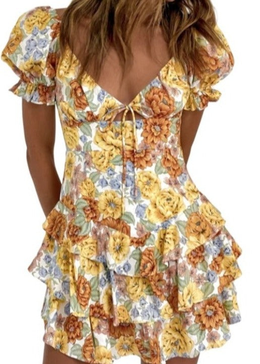 Boho Mellow Yellow Sunflower Print Layered sundress