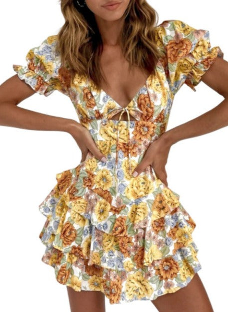 Boho Mellow Yellow Sunflower Print Layered sundress