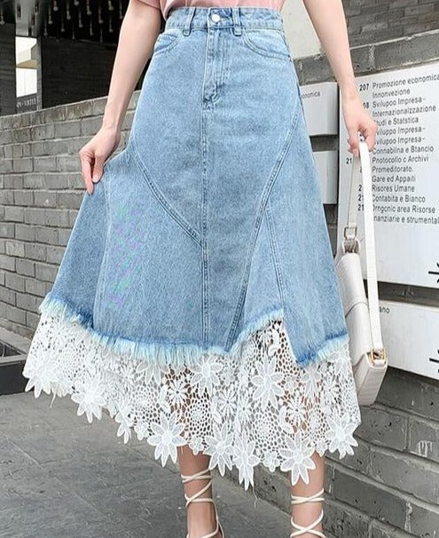 Soho Superwoman Summer Blue Denim Long Split skirt