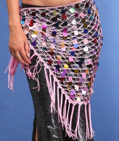 Hippie Chic Long Tassel Stretch Crochet Sequin Belly Dance Hip scarf