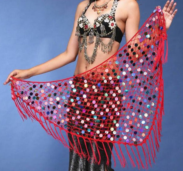 Hippie Chic Long Tassel Stretch Crochet Sequin Belly Dance Hip scarf