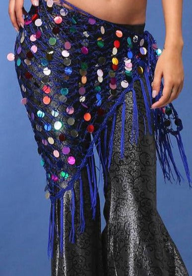 Hippie Chic Long Tassel Stretch Crochet Sequin Belly Dance Hip scarf