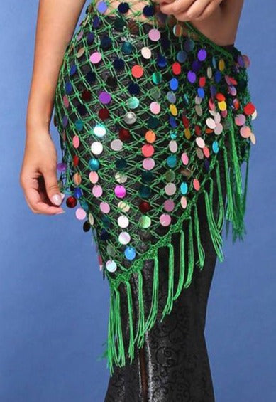 Hippie Chic Long Tassel Stretch Crochet Sequin Belly Dance Hip scarf