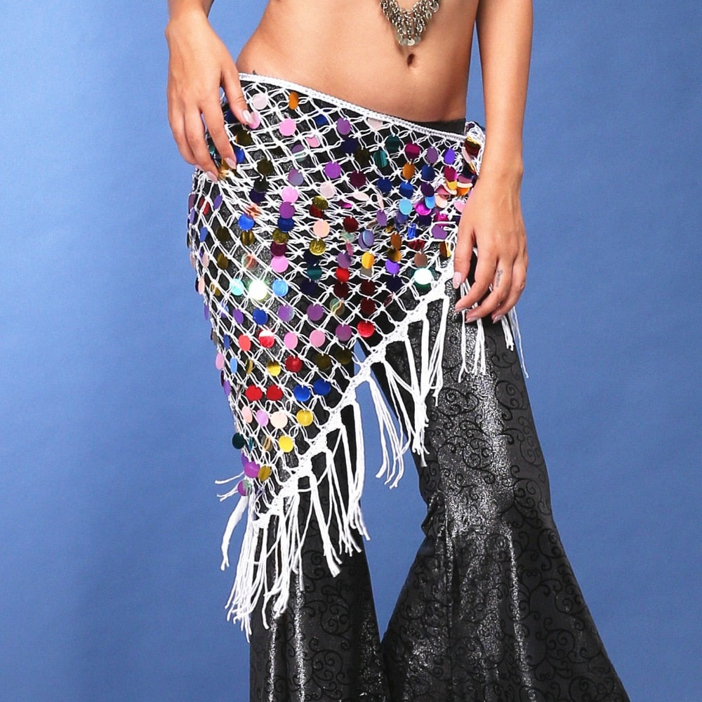 Hippie Chic Long Tassel Stretch Crochet Sequin Belly Dance Hip scarf