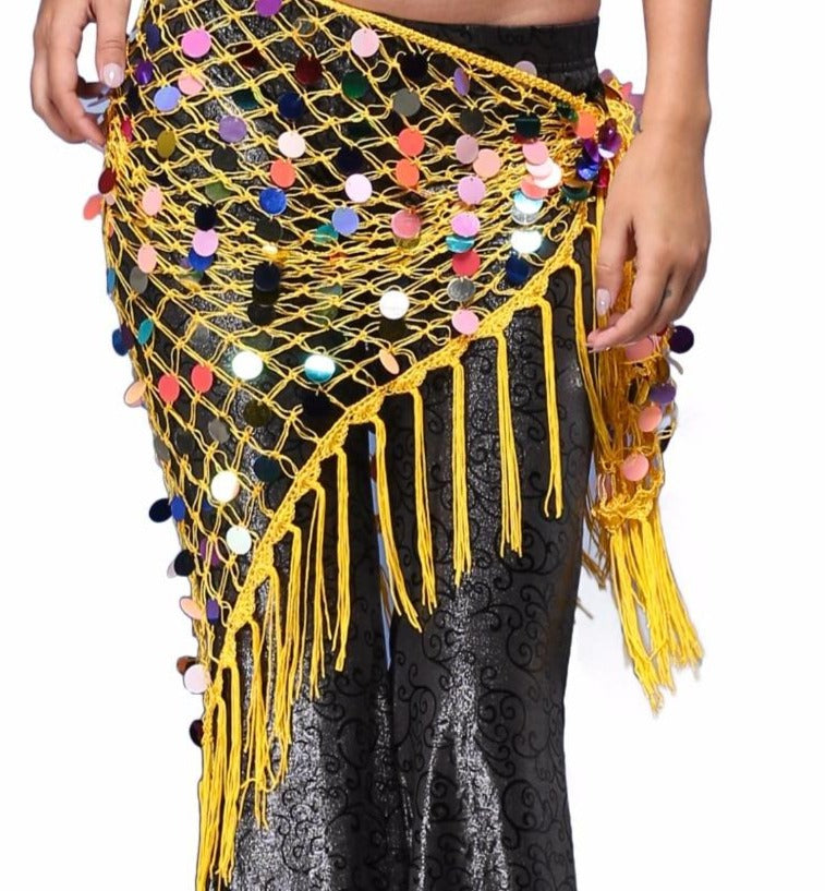 Hippie Chic Long Tassel Stretch Crochet Sequin Belly Dance Hip scarf