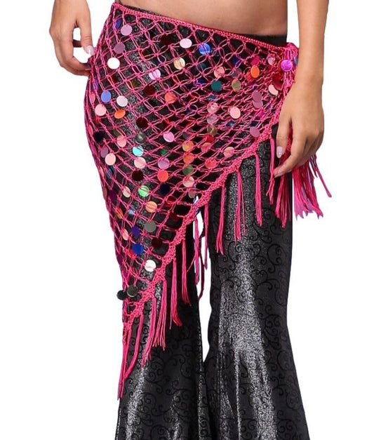 Hippie Chic Long Tassel Stretch Crochet Sequin Belly Dance Hip scarf